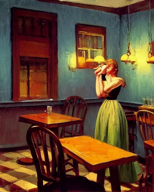 Prompt: a beautiful barmaid, dimly lit cozy tavern in the style of Francis Bacon and Syd Mead and Edward Hopper and Norman Rockwell and Beksinski, open ceiling, highly detailed, painted by Francis Bacon, painted by James Gilleard, surrealism, airbrush, Ilya Kuvshinov, WLOP, Stanley Artgerm, very coherent, art by Takato Yamamoto and James Jean