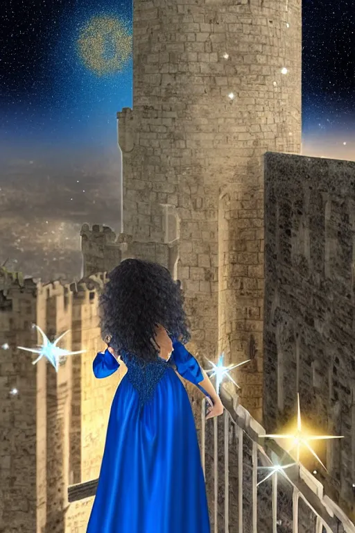 Image similar to a full body tall young female with curly shining hairs in blue dress rounding on a balcony of castle under a falling stars, view from a behind perspective. vfx effects, intricate, elegant, sharp focus, high quality render, many polygons, f 9 5 zone