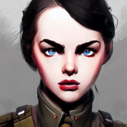 Image similar to portrait of beautiful girl with plump lips in team fortress 2 style, tragic, military art, concept art, fantasy, hd shot, digital portrait, beautiful, artstation, comic style, by artgerm, guy denning, jakub rozalski, magali villeneuve and charlie bowater