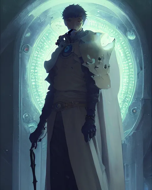 Prompt: ominous wizard, bioluminescence, handsome, mechanical parts, digital painting by krenz cushart, ilya kuvshinov, akihiko yoshida, greg rutkowski, karl spitzweg. sharp focus, highly detailed, intricate background