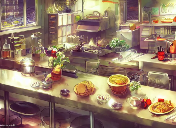 Image similar to chef's kitchen, intricate cluttered visual novel background, busy, shiny, painterly, professional, trending on pixiv