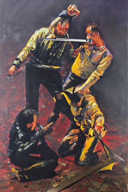 Image similar to dramatic oil painting of bill drummond fighting julian cope with swords