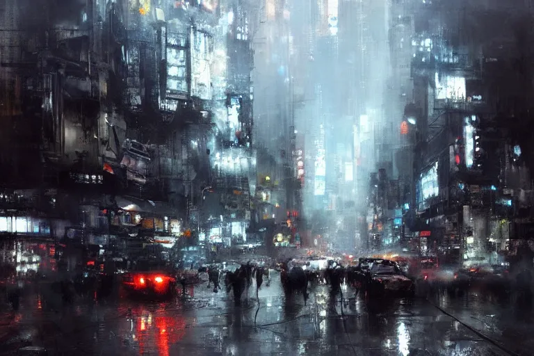 Prompt: neotokyo cityscape painted by jeremy mann, street - level, dripping oil paint, highly detailed, high resolution