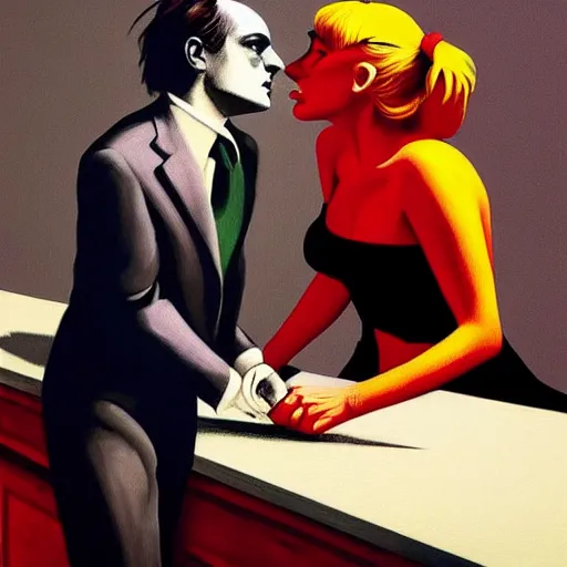 Prompt: edward hopper and mimmo rottela and banksy as joaquin phoenix skinny joker holding hand lady gaga harley queen, medium shot, ultra photorealistic, extreme realistic, intricate details, pop art style, concept art, confident, love, random object movement, 3 colours, warm color, 4 k, ultra smooth, sharp focus