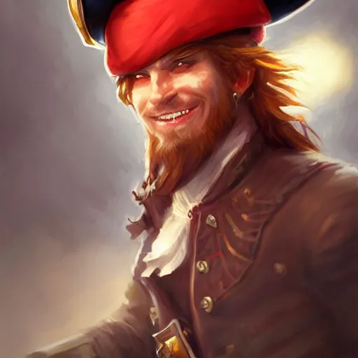 Image similar to dashing charming ginger grinning charismatic human male rogue, wearing pirate captain's tricorne hat, naval background, amazing, trending on art station, artgerm, Greg rutkowski