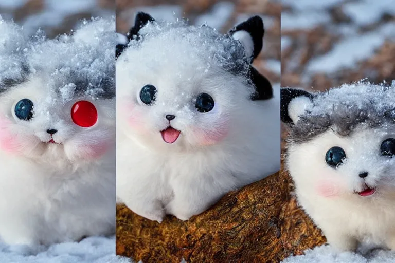 Image similar to real life pokemons, cute!!!, content!!!, mischievous!!!, adorable!!!, chubby!!!, fluffy!!!, ultra realistic!!!, winter, blanket of snow, 4 0 0 0 kelvin, golden hour, sharp focus