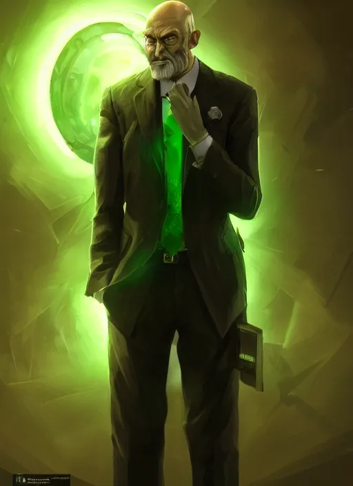 Image similar to a highly detailed illustration of bald old man wearing suit with green glowing eyes, dramatic standing pose, intricate, elegant, highly detailed, centered, digital painting, artstation, concept art, smooth, sharp focus, league of legends concept art, wlop.