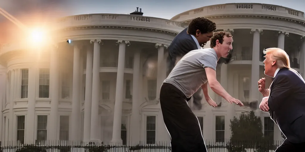 Prompt: a professional cinematic photo of donald trump fighting mark zuckerberg on top of white house. extremely high fidelity. key light.