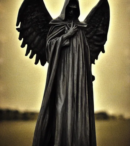Image similar to mystical black death angel statue, film photo, grainy, high detail, high resolution