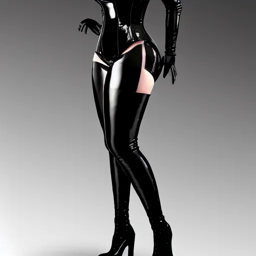 Image similar to a curvy feminine pale goth cutie in an elaborate black latex-leather-rubber tight neck-high outfit, with a thin waist, cgsociety, photorealistic, sublime-comfy-elegant ambience, 16k, smooth, sharp focus, trending on ArtStation, volumetric lighting, fully clothed, worksafe