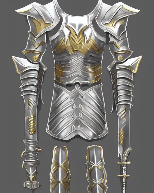 Prompt: suit of fantasy armor, clean silver armor with gold trim, flat shading, professional digital art, extremely high-quality