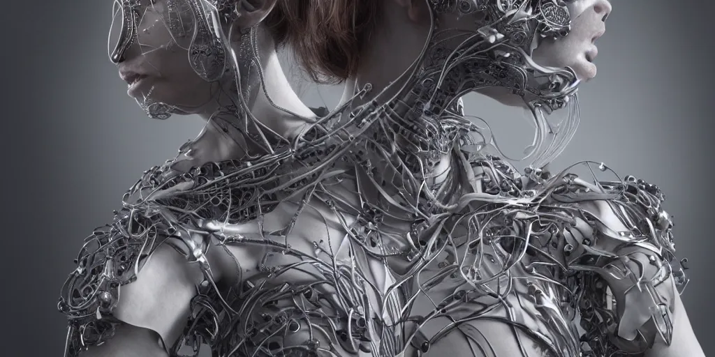 Image similar to hyper realistic photography of a stunningly beautiful cyborg female, plated arm, intimate, chest, holding close, ribbons, in the style of beth cavener, jin kagetsu,, and wlop, highly detailed, intricate filigree, symmetry, masterpiece, award winning, sharp focus, concept art, highkey lighting, ambient lighting, octane render, 8 k, artstation