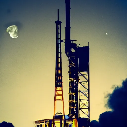 Prompt: a steam powered moon rocket from a jules vernes novel, natural lighting, at night, moon in sky, high resolution