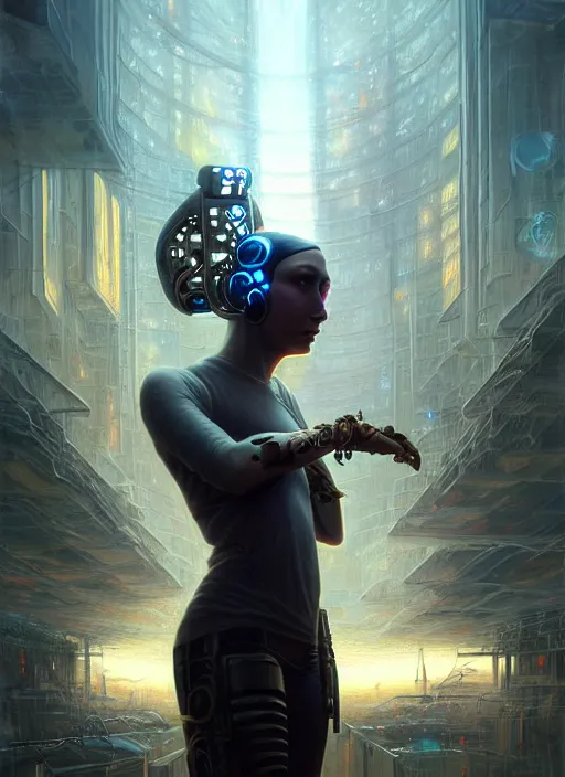 Image similar to portrait shot of cyberpunk teenager in a scenic dystopian environment, intricate, elegant, highly detailed, centered, digital painting, artstation, concept art, smooth, sharp focus, illustration, artgerm, tomasz alen kopera, peter mohrbacher, donato giancola, joseph christian leyendecker, wlop, boris vallejo