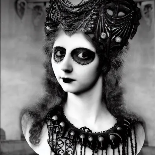 Image similar to black and white photographic dreamy portrait, biomechanical beautiful young female priestess, volumetric light, rim light, by dora maar and cecile beaton, big gothic fashion pearl embroidered collar, 8 k