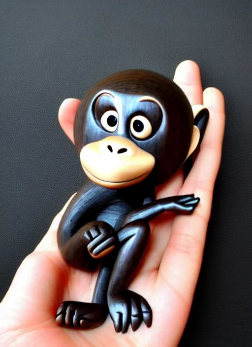 Image similar to cute monkey cartoon character, sculpted in very hard black wood, rock