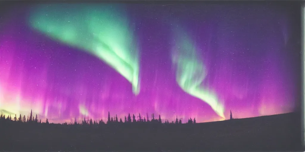 Image similar to polaroid photo of the northern lights, rich colors, lens flare