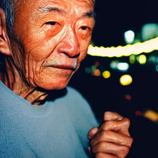 Image similar to close up, old man in tokyo at night, wearing gold chain, gold rings, cinestill 8 0 0,