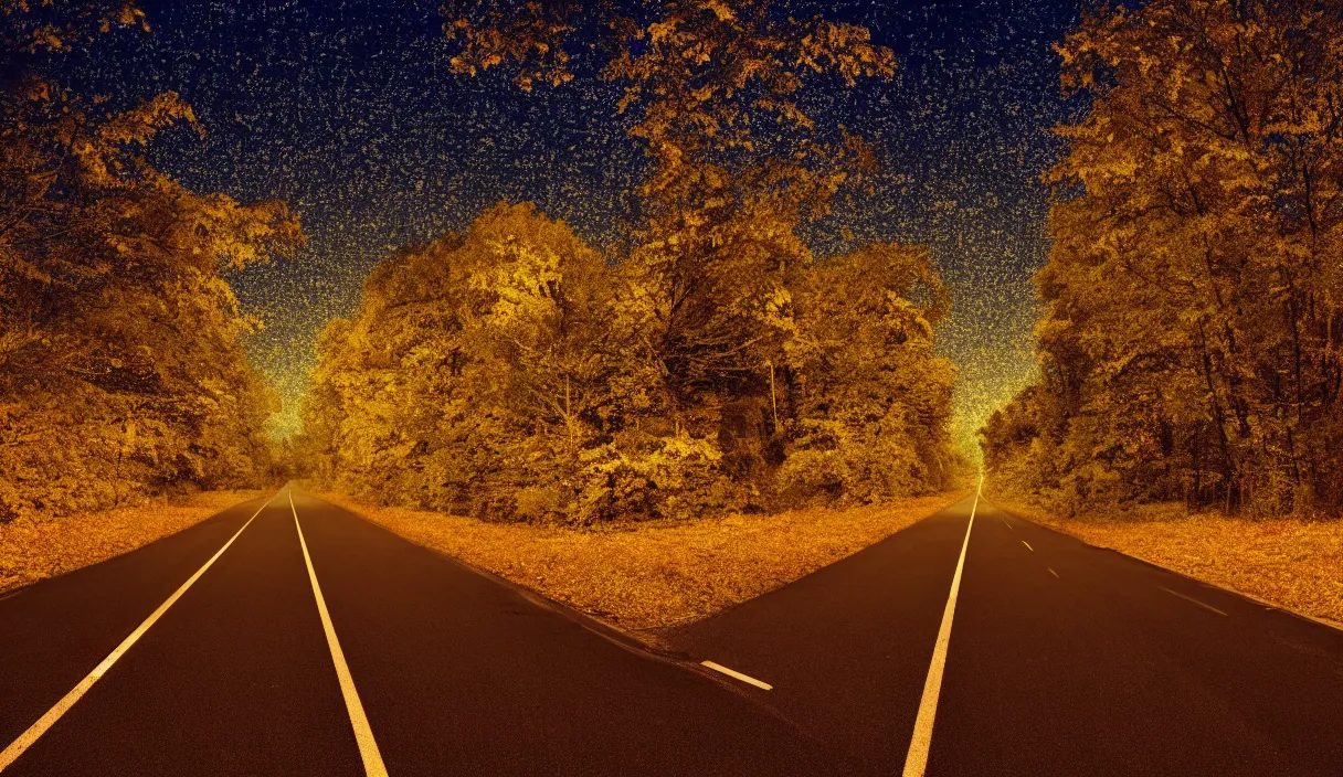 Prompt: at night, a large road extends into the distance, the leaves on both sides of the road are yellowed by the street lights, tranquility, film texture, super fine, 8 k