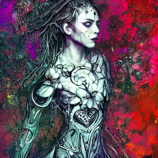 Image similar to gothic mute hybrid cyborg warrior girl of flowers, cybor clothes shaping love!, freedom fighter, eerie, cinematic, epic, 8 k, ultra realistic,. | a psychedelic, illustration by albrecht durer, concept art in style of carne griffiths artwork by xsullo. | backround of beautiful floweres floatingby elson, peter kemp, peter