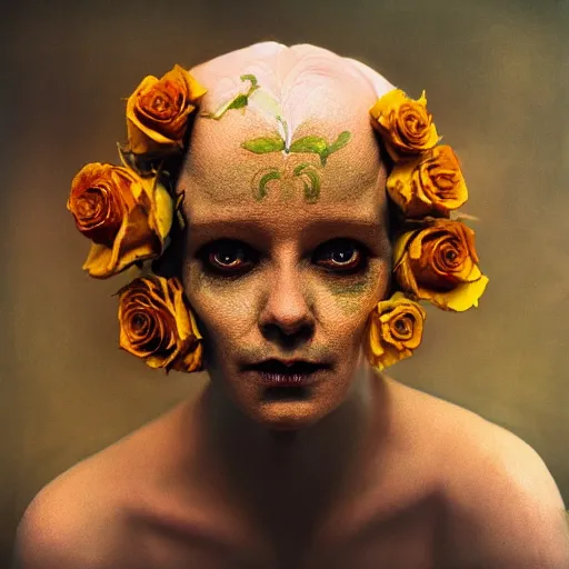 Prompt: realistic expired kodak film portrait of albino india woman tentacled creature mix, marigold, roses, lotus, jamine celestial vibe, hyperrealism, hypermaxiymalism, photorealistic, detailed, atmospheric, 8 k, award winning photography, cinematic