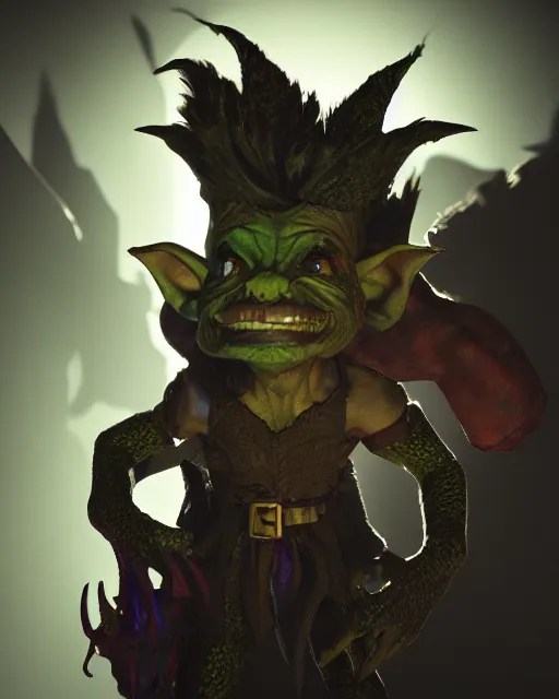 Image similar to the mythical fantasy goblin king, chuckling to himself and carrying a sack of loot creeping around inside a dimly lit suburban house at night, high quality 3d render, octane, 4k dramatic lighting, trending on artstation