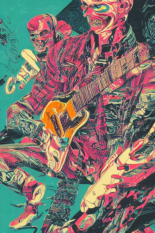 Image similar to risograph of a punk zombie playing guitar, tristan eaton, victo ngai, artgerm, rhads, ross draws, intricated details