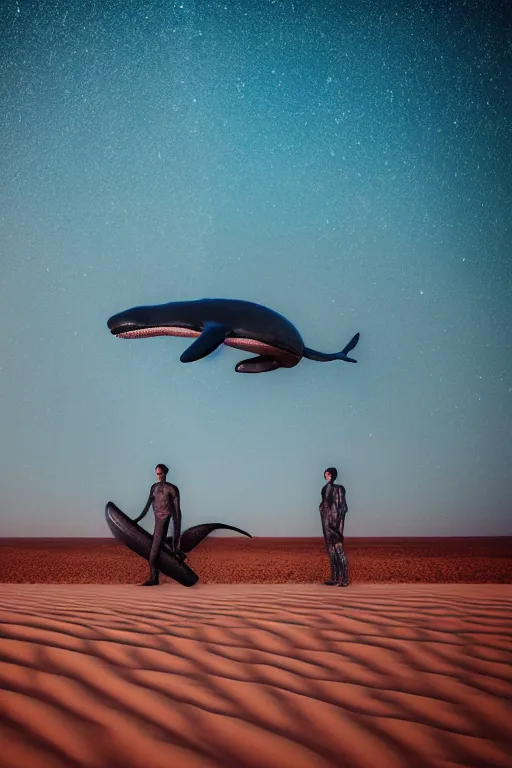 Prompt: 🐋🤖🦕👽🐳 in desert, photography by bussiere rutkowski andreas roch, 1 6 k