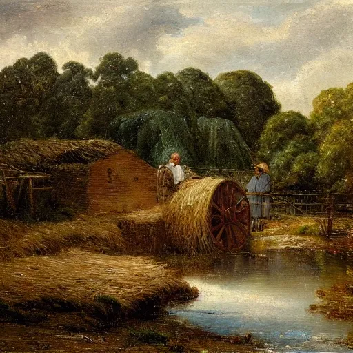 Image similar to Hay Wain, rural scene of a waterwheel on the Herper River. Oil on canvas, 1821, by Lewis Fowler