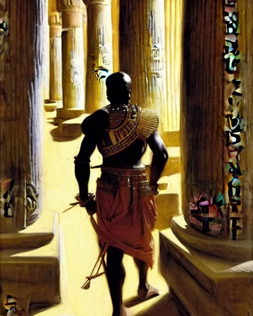 Prompt: fantasy oilpainting by anders zorn depicting djimon hounsou, as a walking temple guard dressed in ancient egyptian decorative armor, walking through the hall of pillars in the egyptian temple