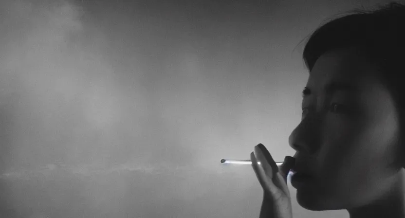 Image similar to girl smoking in a wong kar wai movie, cinematic light, atmospheric effects