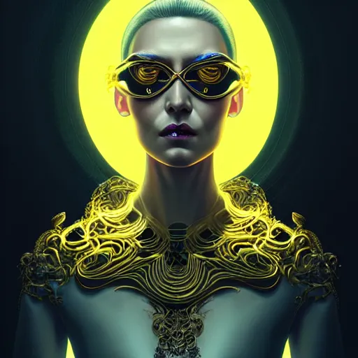 Prompt: woman with extremely large and intricate haircut with angry yellow eyes and slim features looking askance, eye cyberpunk bionics, retro futurist style, intricate, elegant gleaming intricate baroque jewelry, angelic halo, highly detailed, digital painting, artstation, concept art, smooth, sharp focus, illustration, art by wlop, mars ravelo and greg rutkowski,