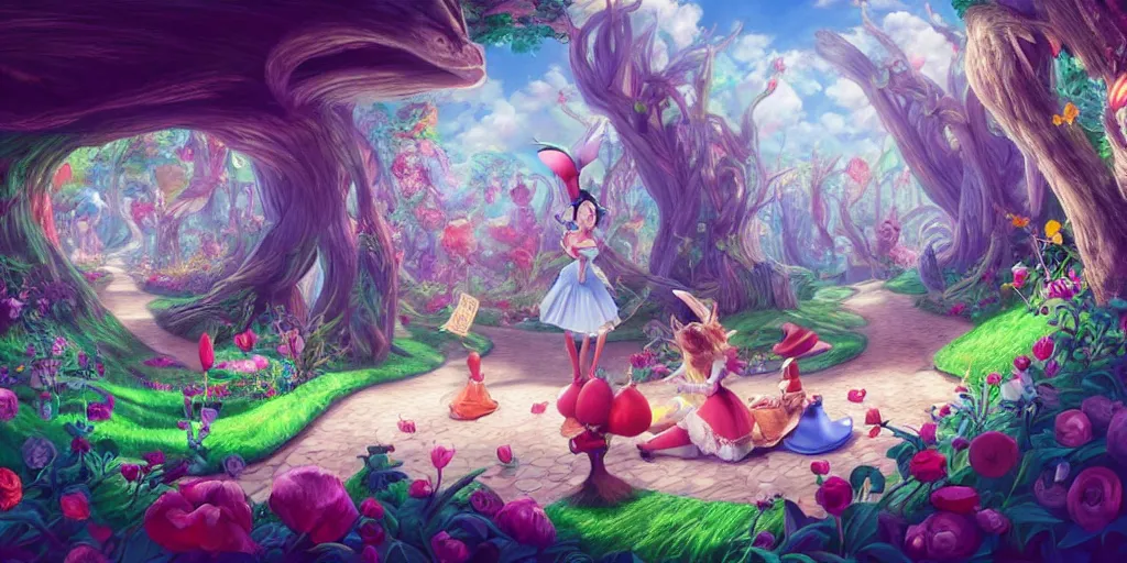 Image similar to Alice in Wonderland, falling down the rabbit hole, colorful, wide angle, super highly detailed, professional digital painting, artstation, concept art, smooth, sharp focus, no blur, no dof, extreme illustration, Unreal Engine 5, Photorealism, HD quality, 8k resolution, cinema 4d, 3D, beautiful, cinematic, art by artgerm and greg rutkowski and alphonse mucha and loish and WLOP