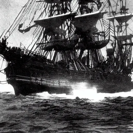 Prompt: an impossibly huge pirate ship that's also a skull. 1910s photograph