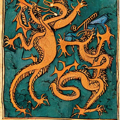 Image similar to two dragons in a castle fighting knights in the middle ages