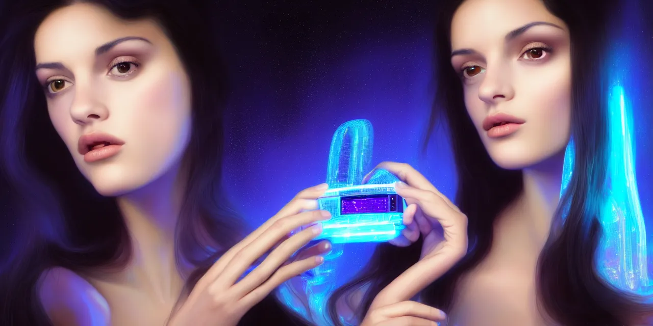 Prompt: beauty young spanish woman with long black wavey hair, analysing a holographic display of an alien technology, electrical case display, Total Recall tech, ultrarealistic, dramatic lighting, electrical details, high details, 4k, 8k, best, accurate, trending on artstation, artstation, photorealism, ultrarealistic, digital painting, style of Peter Mohrbacher, Caravaggio, Hajime Sorayama and Boris Vallejo