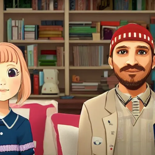 Prompt: a still of from the movie the royal tenenbaums crossover with the game doki doki literature club