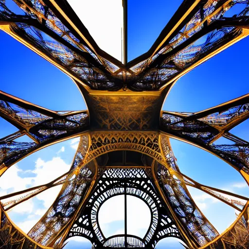 Image similar to eiffel tower upside down, street level, photorealistic, soft lighting