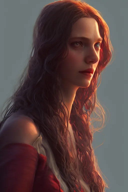 Image similar to Wanda Maximoff, au naturel, hyper detailed, digital art, trending in artstation, cinematic lighting, studio quality, smooth render, unreal engine 5 rendered, octane rendered, art style by klimt and nixeu and ian sprigger and wlop and krenz cushart