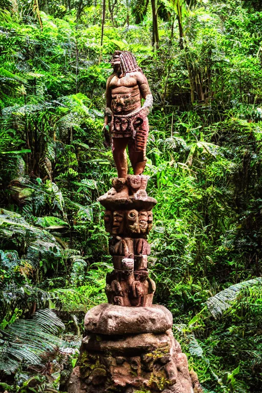 Image similar to mid distance photo of mayan jaguar warrior standing on the diving board in las pozas, 3 5 mm, highly detailed, color photo, cinematic lighting