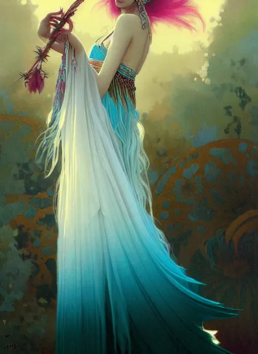 Image similar to ombre velvet gown, cyan, feathers, lovely bohemian princess, portrait, long white hair, tiara, dozens of jeweled necklaces, feral languid woman, by greg rutkowski, brom, anato finnstark, alphonse mucha