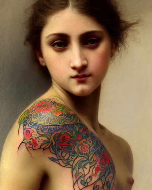 Prompt: close up of a beautiful girl with colourful intricate tattoos, by william - adolphe bouguereau, artistic, intricate drawing, realistic fantasy, extremely detailed and beautiful aesthetic face, 8 k resolution, dramatic lighting