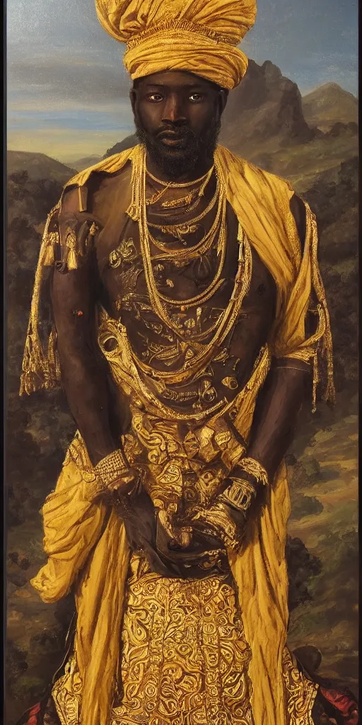 Image similar to a stunning and noble highly detailed romantic period style portrait of mansa musa by charles sillem lidderdale, trending on artstation, oil painting masterpiece, symmetry, mysterious, very very very aesthetic, african iconography