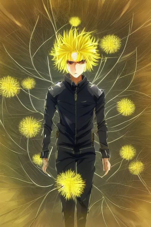 Image similar to amber glowing luminescent dandelion male anime character, symmetrical, highly detailed, digital art, sharp focus, trending on art station, amber eyes, autumnal colours