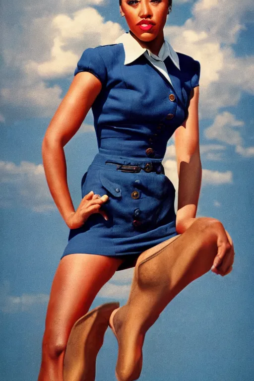 Image similar to full body portrait of megan good in the style of bill medcalf, mario testino, blue sky with a few clouds, retro, 1 9 5 0, 4 k, detailed, 1 / 3 headroom, cinematic rule of thirds