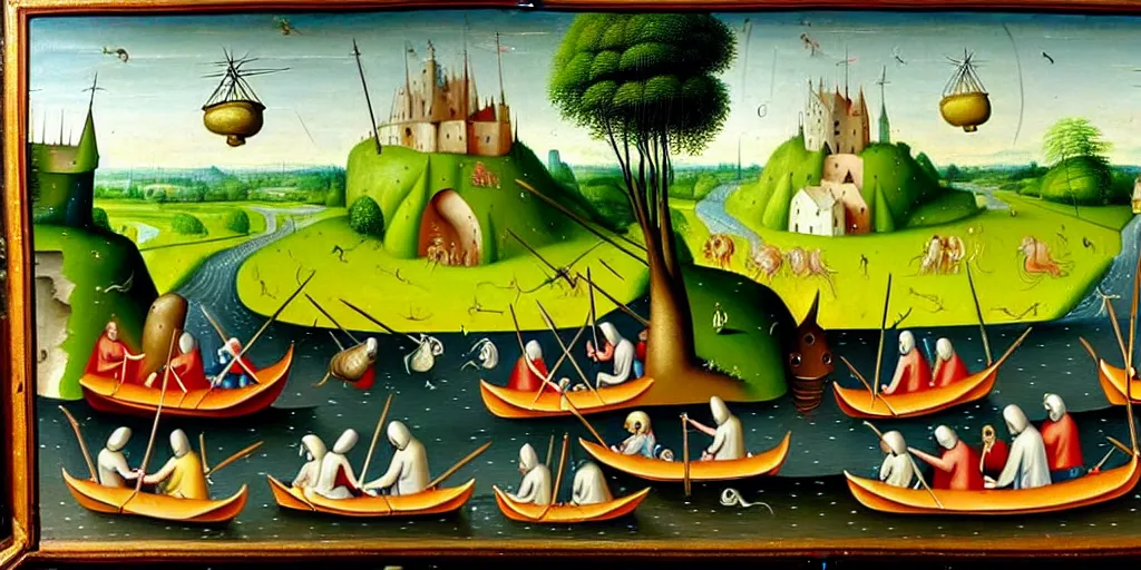 Image similar to A very detailed painting in the style of Hieronim Bosch featuring a river in Europe surrounded by trees and fields. A rubber dinghy is slowly moving through the water. Sun is shining