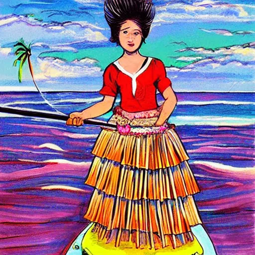 Image similar to The drawing depicts a young girl in a traditional hula outfit. She is standing on a surfboard in front of a beautiful ocean landscape. Versacci by Robert Williams, by Jim Mahfood atmospheric