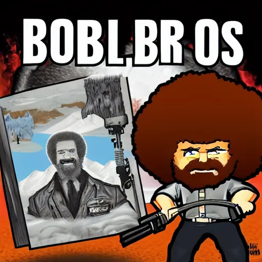 Prompt: bob ross in the style of duke nukem, full body, holding machine guns in both hands, fighting monsters