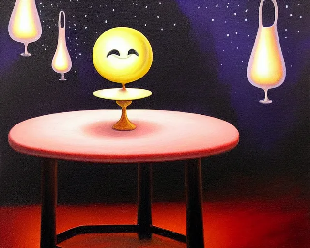 Prompt: a painting of the concept of joy on a table at night, ultrafine detailed painting by rafal olbinski, behance contest winner, pop surrealism, detailed painting, very detailed, minimalist, skeuomorphic, airbrush art