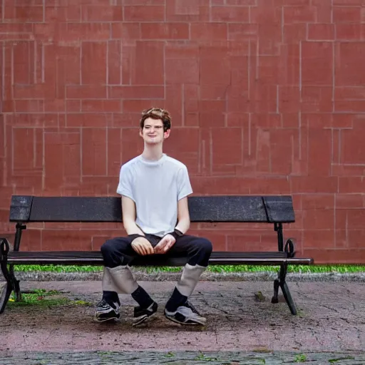 Image similar to photo of sad teenage andrew garfield sitting on a bench in a park, two sticks near bench, wearing shirt and trousers, street of moscow, shallow depth of field, cinematic, 8 0 mm, f 1. 8